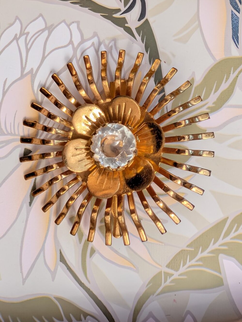 Vintage Mid-Century Gold Tone Sunburst Floral Brooch with Crystal Center